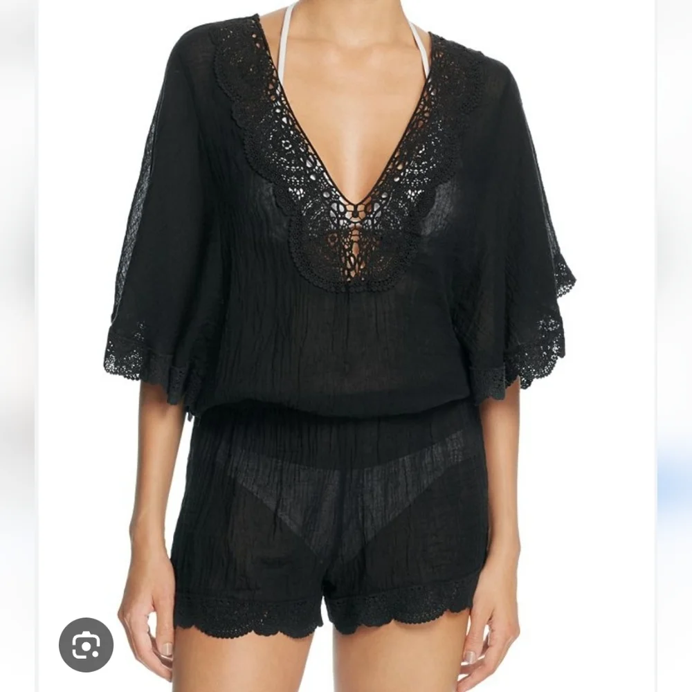 NWT Eberjey M/L Black Sol Liberty Lace‎ Trimmed Romper Swim Cover-Up Beachy